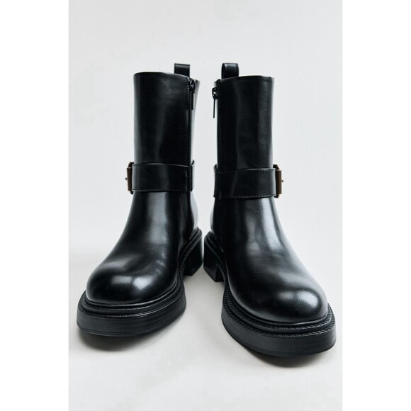 ZARA New Black Ankle Boots Flat Buckles Size US 6.5 EUR 37 Ref 3104/410 - Picture 4 of 13